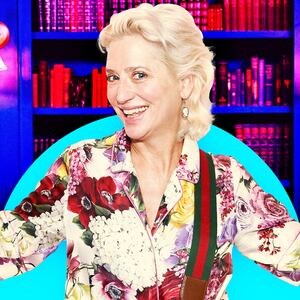 A photo illustration of Dorinda Medley and the set from Traitors.