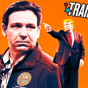 Trump pointing at DeSantis' head