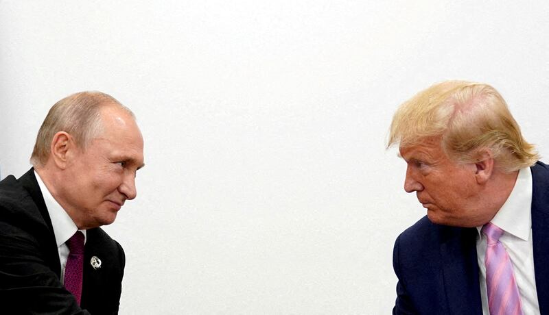 U.S. President Donald Trump and Russian President Vladimir Putin hold a bilateral meeting at the G20 leaders summit in Osaka, Japan on June 28, 2019.