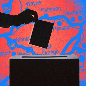 A photo illustration of a ballot box and a map of New Jersey.