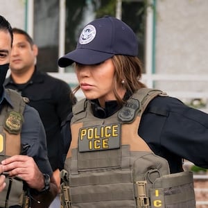 US Homeland Security Secretary Kristi Noem joins ICE operation as she accompanies numerous federal agents raid in Huntington Park, in Los Angeles, California on June 12, 2025.