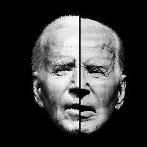 Photo illustration of Joe Biden with his face divided and filtered on a black background