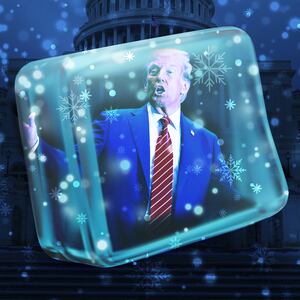 A photo illustration of Donald Trump in an ice cube.