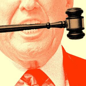 A photo illustration of Donald Trump with a gavel in his mouth