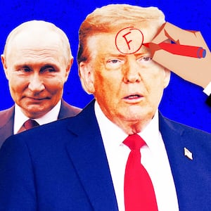 A photo illustration of Putin and President Donald Trump and a hand drawing an F grade on Trump's forehead.