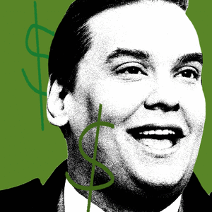 A close up of George Santos with dollar signs flashing around him