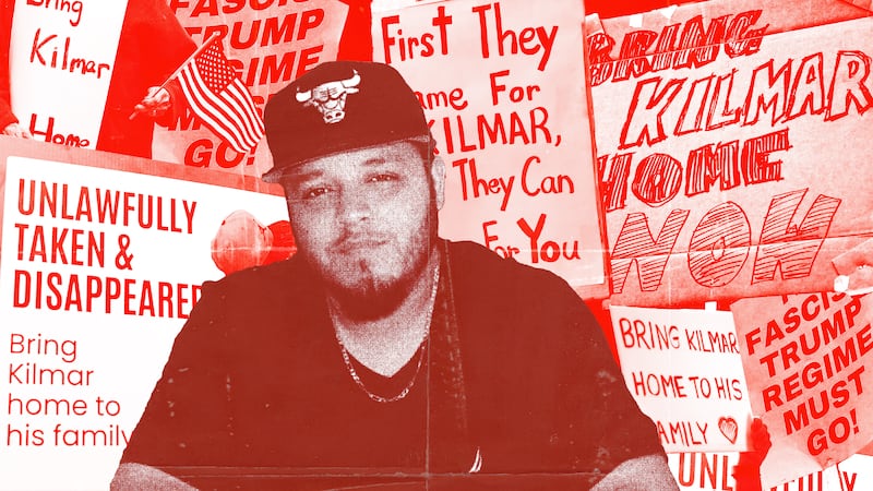 Kilmar Abrego Garcia with supporting protest signs collaged behind him