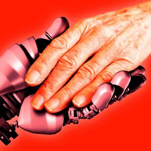 An illustration that includes photos of AI holding hands with a Person