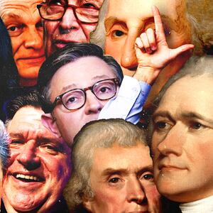 Vladimir Putin, Alexandria Ocasio Cortez, Xi Jinping, Jasmine Crockett, Viktor Orban, JB Pritzker, Chuck Schumer, Mike Johnson, George Washington, Alexander Hamilton, and Thomas Jefferson collaged with a "loser" hand symbol and a golden trophy