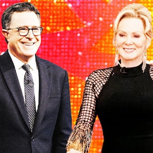 A photo illustration of Stephen Colbert and Jean Smart.