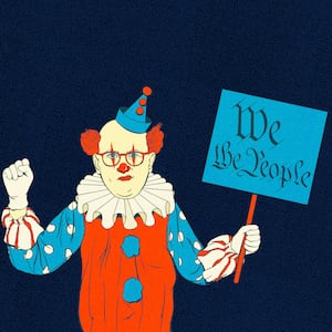 Illustration of a clown holding a protest sign reading "We the People" in red, white, and blue colors