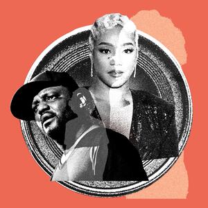 Illustration of comedians Tiffany Haddish and Aries Spears