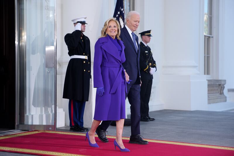 WASHINGTON, DC - JANUARY 20: First lady Jill Biden and U.S. President Joe Biden wait the arrival of U.S. President-elect Donald Trump for Inauguration ceremonies at the White House on January 20, 2025 in Washington, DC. Donald Trump takes office for his second term as the 47th president of the United States. (Photo by Andrew Harnik/Getty Images)