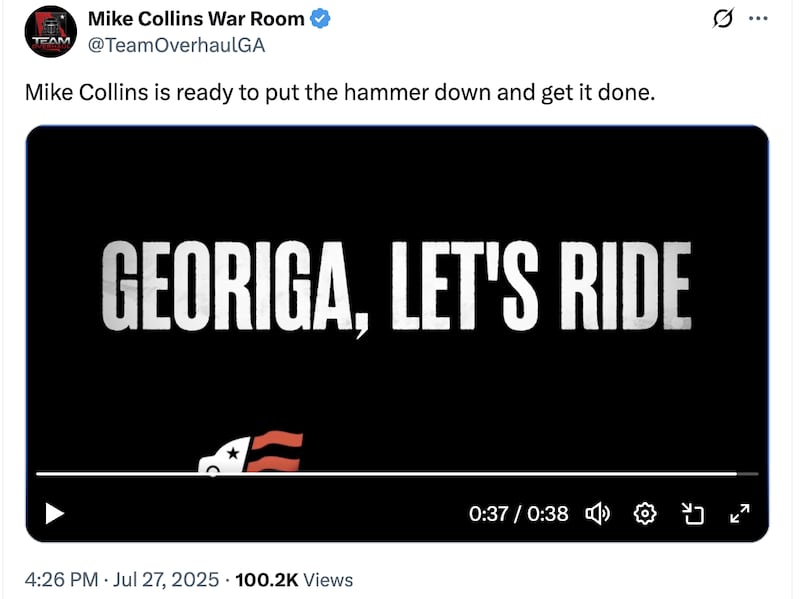 A screenshot of the Mike Collins Senate campaign video that misspelled Georgia, the same day the MAGA lawmaker launched his Senate bid in the battleground state.