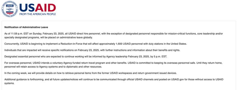 Notice on the USAID website.