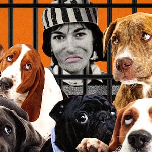 Ghislaine Maxwell in a prison outfit behind bars with sad dogs in front of her