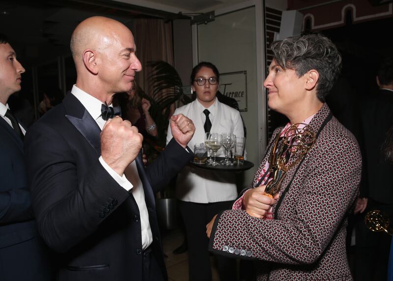WEST HOLLYWOOD, CA - SEPTEMBER 18:  Jeff Bezos, CEO of Amazon.com, Inc. and ‘Transparent’ creator Joey Soloway attend Amazon's Emmy Celebration at Sunset Tower Hotel West Hollywood on September 18, 2016 in West Hollywood, California.  (Photo by Todd Williamson/Getty Images for Amazon Studios )