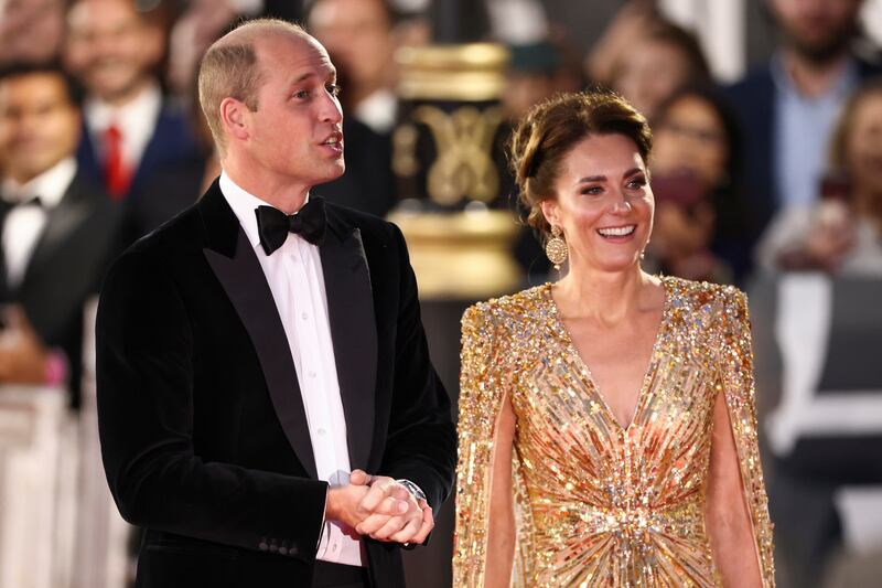 Britain's Prince William and Catherine, Duchess of Cambridge, arrive at the world premiere of the new James Bond film "No Time to Die" at the Royal Albert Hall in London, Britain, September 28, 2021.