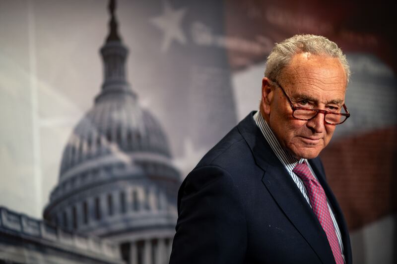 Senate Majority Leader Chuck Schumer (D-NY) looks on during a news conference  at the U.S. Capitol on June 5, 2024 in Washington, DC.