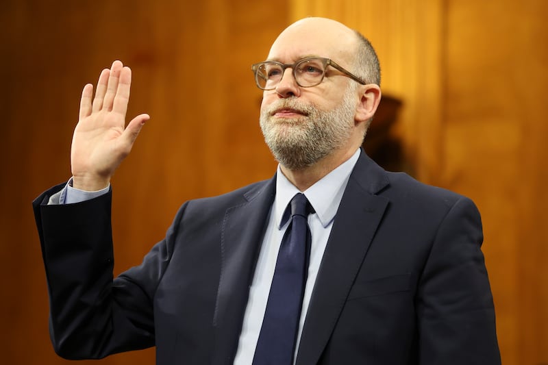 U.S. President Donald Trump's nominee for Office of Management and Budget Director Russell Vought is sworn in during the Senate Banking Committee nomination hearing in the Dirksen Senate Building on January 22, 2025 in Washington, DC.