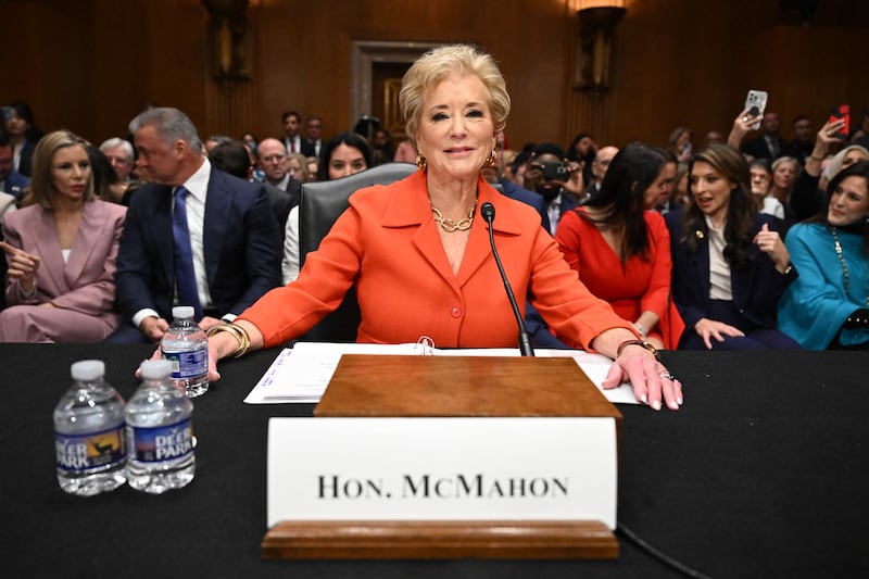 Linda McMahon arrives to testify before the Senate Health, Education, Labor and Pensions Committee on her nomination to be Education Secretary, Feb. 13.