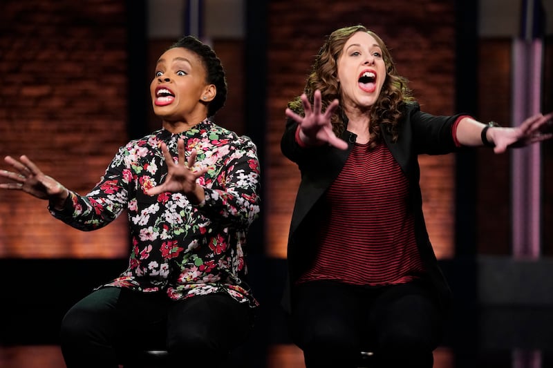 Amber Ruffin and Jenny Hagel, during the sketch "Don't Drag Us Into This" on December 5, 2018.