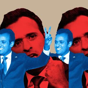 A photo illustration that shows Vivek Ramaswamy throwing peace signs overlayed with him making a fist