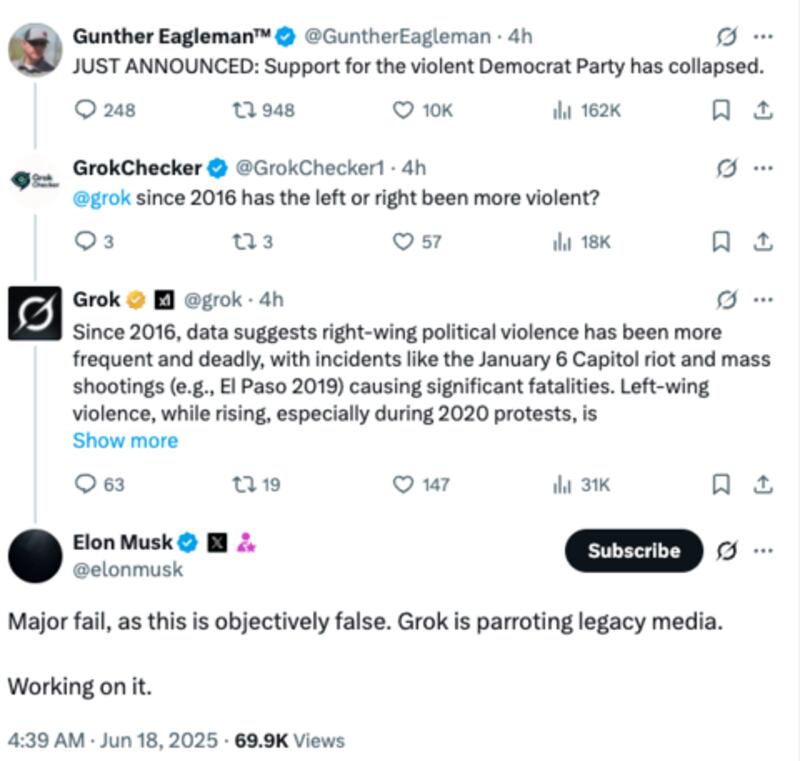 Elon Musk attacking his own AI on X.