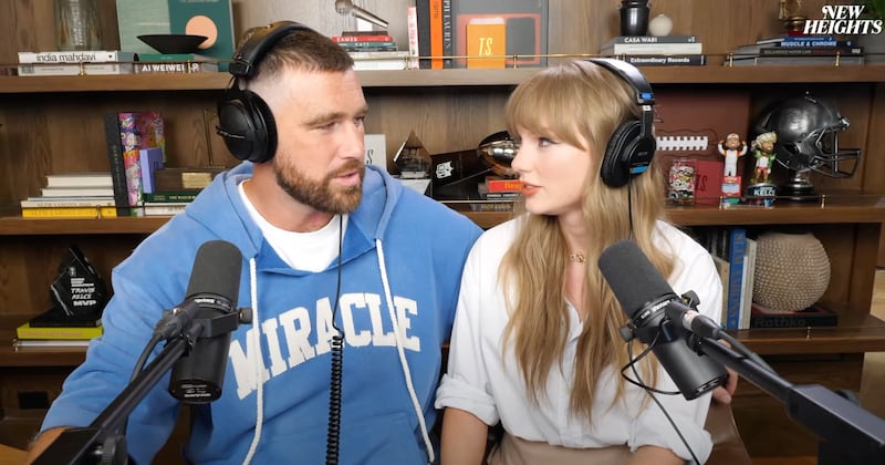 Taylor Swift and Travis Kelce on New Heights podcast.