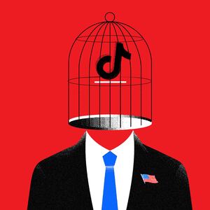 A photo illustration of a man with a cage with the TikTok logo as a head