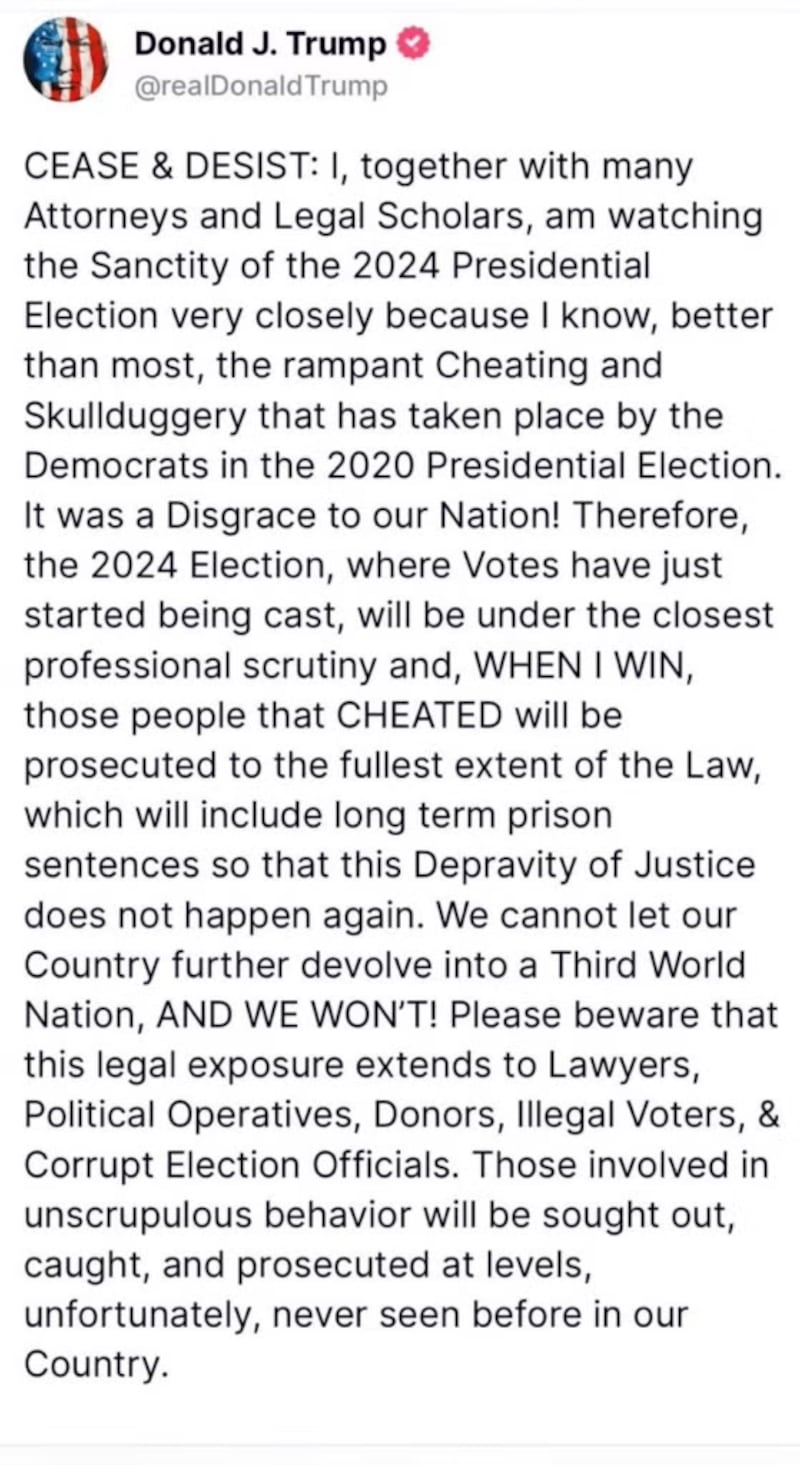 A post from Donald Trump’s Truth Social.