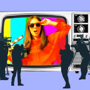 Photo illustration of a woman jumping out of a television in front of cameras