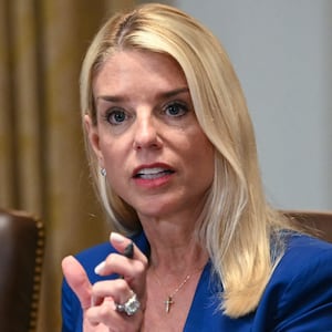 Attorney General Pam Bondi speaks during a cabinet meeting hosted by President Donald Trump at the White House on July 8, 2025 as she faces fire over the Epstein files.