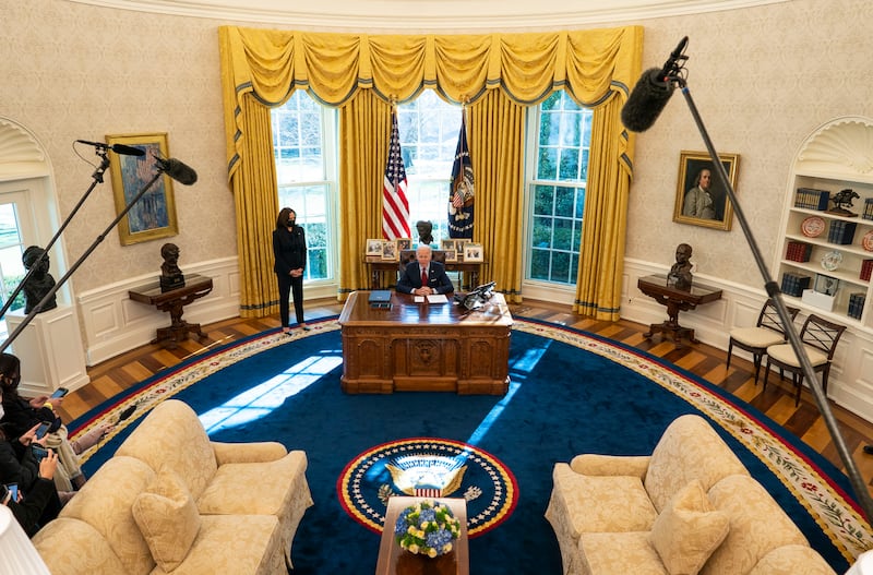 Former President Joe Biden and President Donald Trump both opted to use gold curtains that were also hung during the Clinton administration.