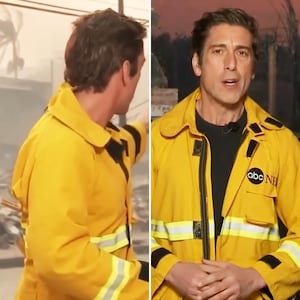 ABC News anchor David Muir with clips on his jacket, left, and without them on them, right, while reporting on the Los Angeles wildfires.