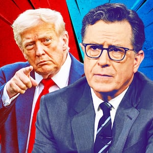A photo illustration of President Donald Trump and Stephen Colbert on red and blue background.
