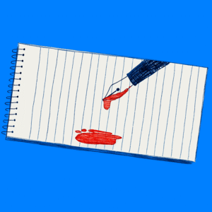 Reporter notebook with a fountain pen bleeding red ink