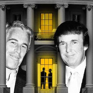 Donald Trump and Jeffrey Epstein coming out from behind columns of a dark White House with silhouetted men talking behind a light up window