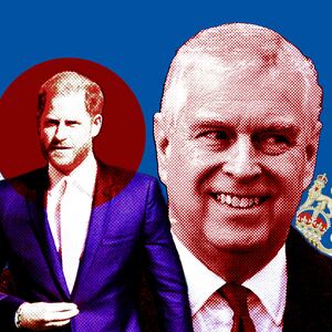 A photo illustration of Prince Harry and Prince Andrew and parts of the UK Coat of Arms.