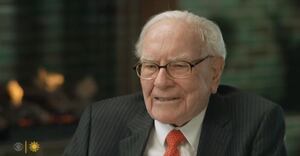 A close-up shot of Warren Buffett speaking to CBS.