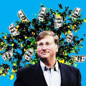 A photo illustration shows Tate Reeves in front of a lemon tree that has lemons and hundred dollar bills growing on it.