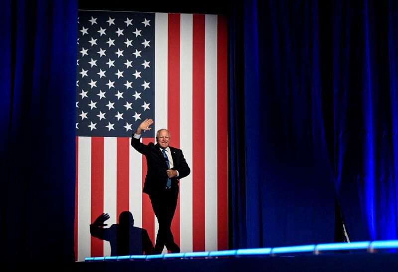 Democratic Vice-Presidential nominee Tim Walz campaigns in West Ellis, Wisconsin on November 4, 2024.