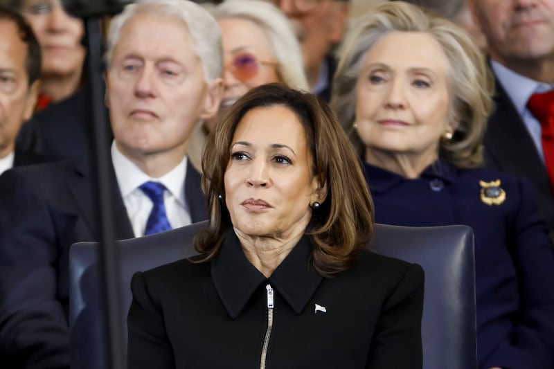 (L-R) Former US President Bill Clinton, former Vice President Kamala Harris, and former US Secretary of State Hillary Clinton attend the inauguration ceremonies in the U.S. Capitol Rotunda on January 20, 2025 in Washington, DC.