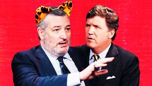 A photo illustration of Sen. Ted Cruz wearing cat ears and Tucker Carlson during an interview.