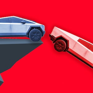 Tesla cybertrucks going off a cliff. Photo illustration