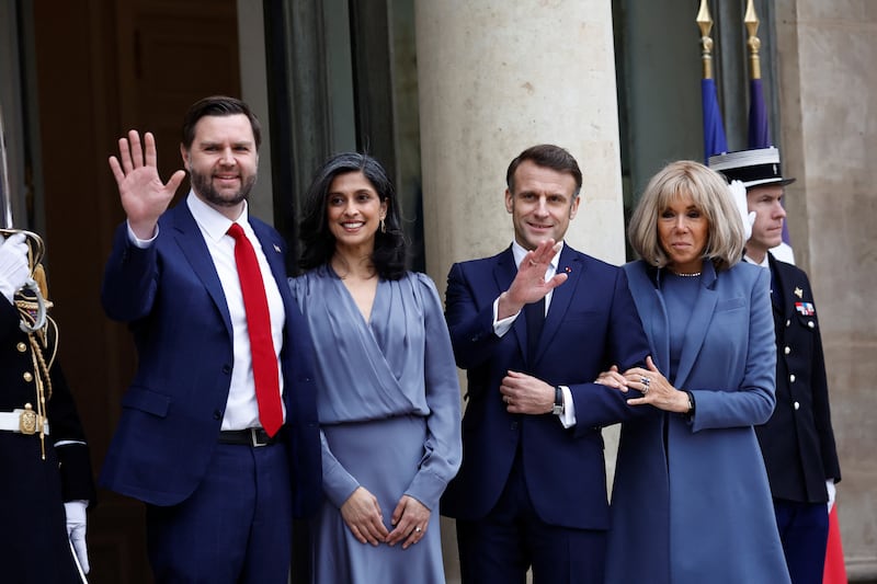 French President Emmanuel Macron and his wife Brigitte Macron welcome U.S. Vice President JD Vance and Usha Vance for a meeting at the Elysee Palace as part of the Artificial Intelligence (AI) Action Summit in Paris, France, February 11, 2025.