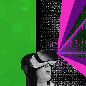 Illustration of a woman looking into the metaverse wearing a VR headset.