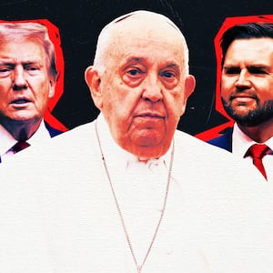 A photo illustration of Donald Trump, Pope Francis, and JD Vance.