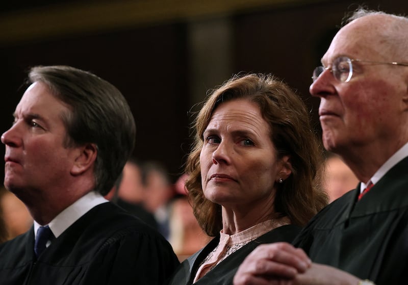 U.S. Supreme Court Associate Justice Amy Coney Barrett, Justice Brett Kavanaugh and retired Justice Anthony Kennedy attend U.S. President Donald Trump's address to a joint session of Congress at the U.S. Capitol on March 04, 2025 in Washington, DC.
