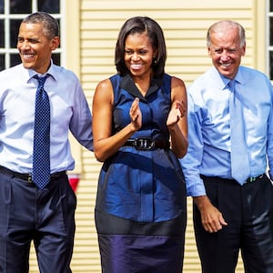Left to right, President Barack Obama, First Lady Michelle Obama, Vice President Joe Biden, and his wife, Jill Biden, walked on stage during The Grassroots Event, held at the Strawbery Banke Museum in Portsmouth, N.H.